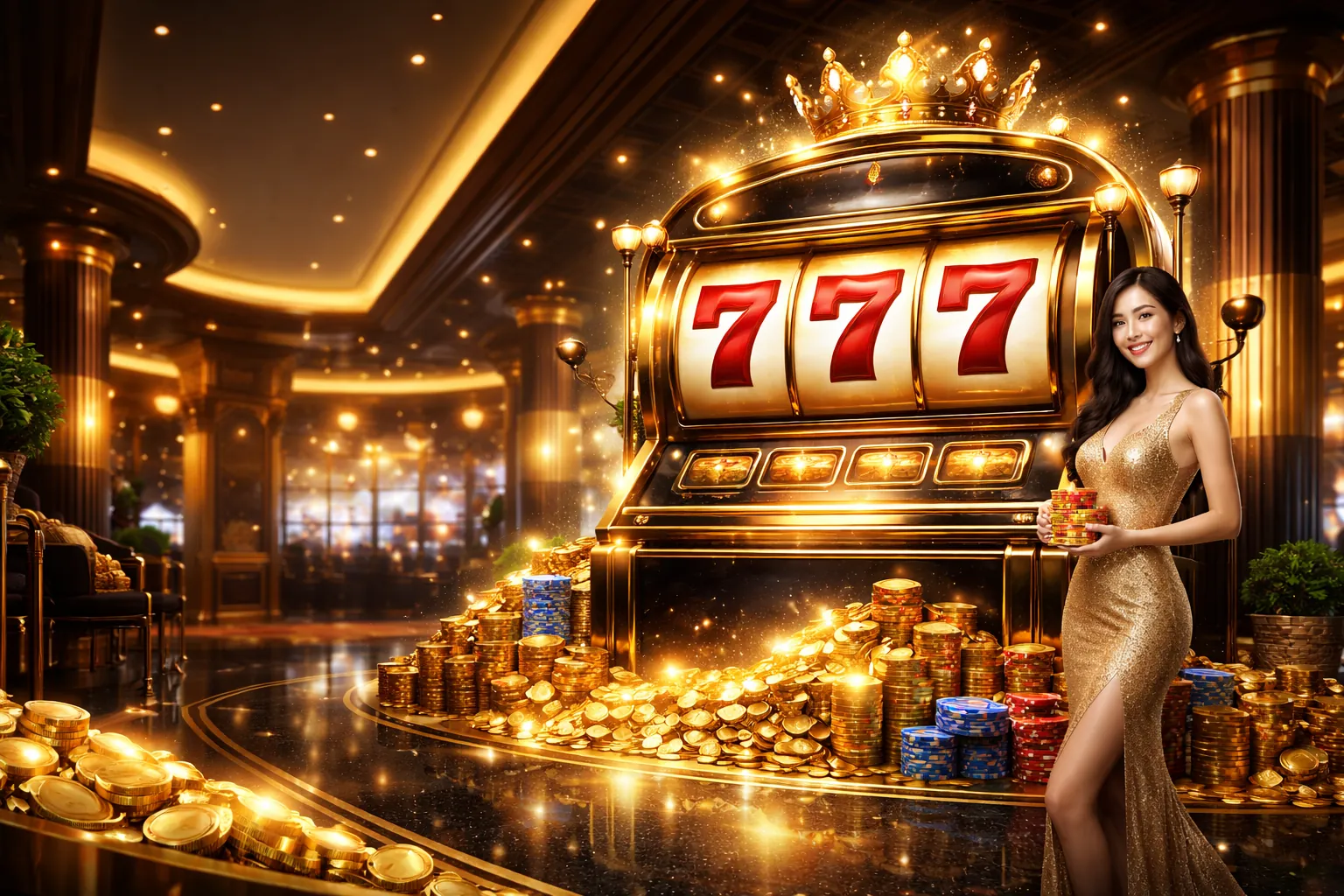 Hình ảnh chính trò chơi nổ hũ tại ga65 win với biểu tượng jackpot lớn và tiền vàng, màu sắc rực rỡ, phù hợp với ngành giải trí trực tuyến và cá cược.